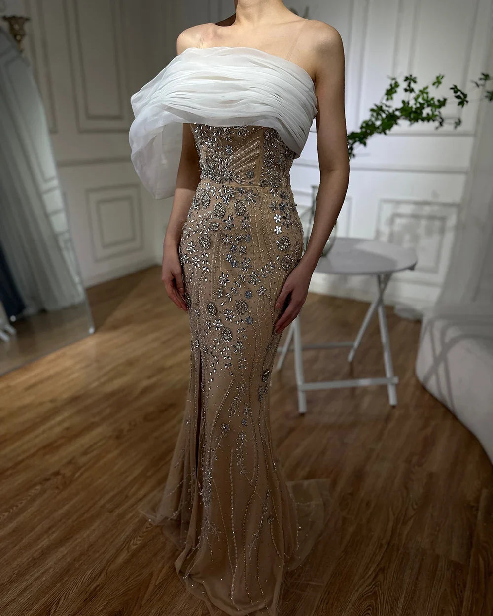2025 Nude One Shoulder Split Saudi Arabic Evening Gown Beaded Dress for Formal Occasion LA72746
