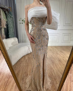 2025 Nude One Shoulder Split Saudi Arabic Evening Gown Beaded Dress for Formal Occasion LA72746