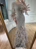 2025 Nude Saudi Arabic Evening Gown with Beaded Feathers Dress for Formal Occasion LA72736