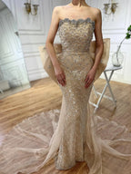 2025 Nude Saudi Arabic Strapless Evening Gown with Beaded Tassel Dress for Formal Occasion LA72730