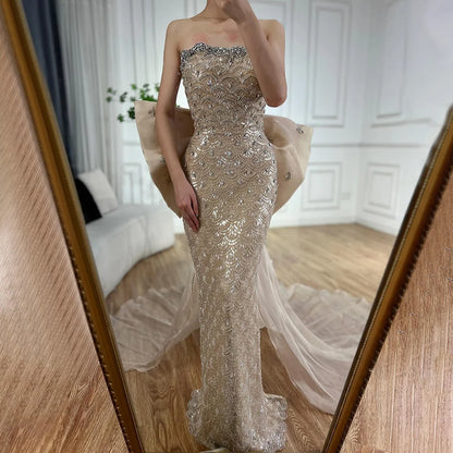 2025 Nude Saudi Arabic Strapless Evening Gown with Beaded Tassel Dress for Formal Occasion LA72730
