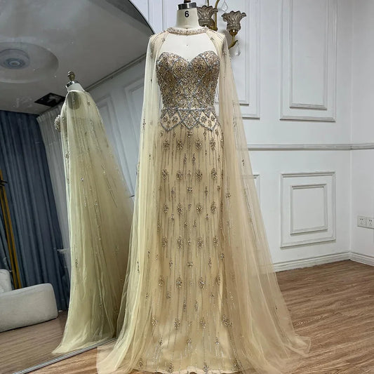 2025 Nude Saudi Evening Gown Mermaid Detachable Cape Sleeves Luxury Beaded Dress for Formal Occasion LA72716