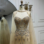 2025 Nude Saudi Evening Gown Mermaid Detachable Cape Sleeves Luxury Beaded Dress for Formal Occasion LA72716