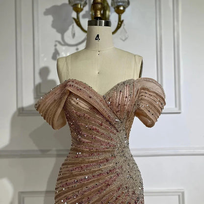 2025 Off The Shoulder Pink Mermaid Beaded Luxury Evening Dress with Side Split for Formal Occasion Saudi LA72481