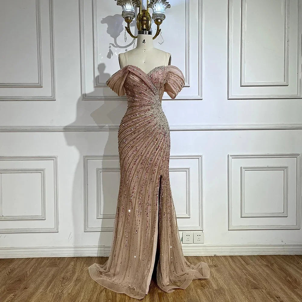 2025 Off The Shoulder Pink Mermaid Beaded Luxury Evening Dress with Side Split for Formal Occasion Saudi LA72481