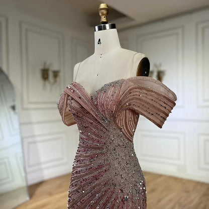 2025 Off The Shoulder Pink Mermaid Beaded Luxury Evening Dress with Side Split for Formal Occasion Saudi LA72481