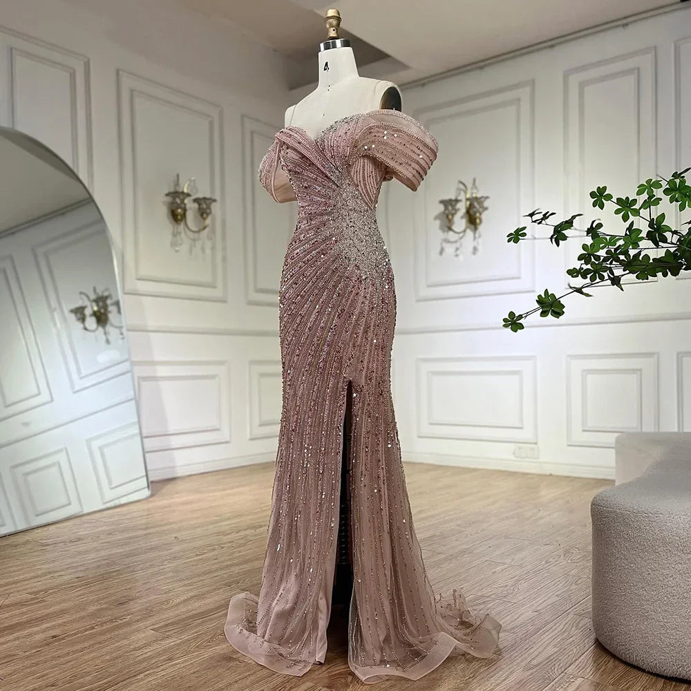 2025 Off The Shoulder Pink Mermaid Beaded Luxury Evening Dress with Side Split for Formal Occasion Saudi LA72481