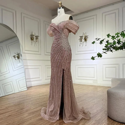 2025 Off The Shoulder Pink Mermaid Beaded Luxury Evening Dress with Side Split for Formal Occasion Saudi LA72481