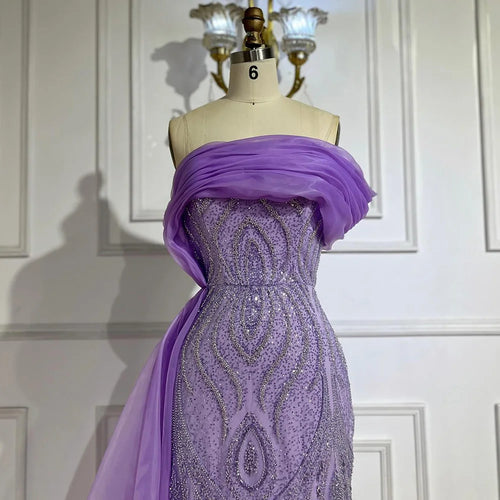 2025 Lila Abendkleid im Meerjungfrauenstil mit Perlenbesatz und One-Shoulder-Ausschnitt und seitlichem Rocküberzug für formelle Anlässe Saudi LA72706 