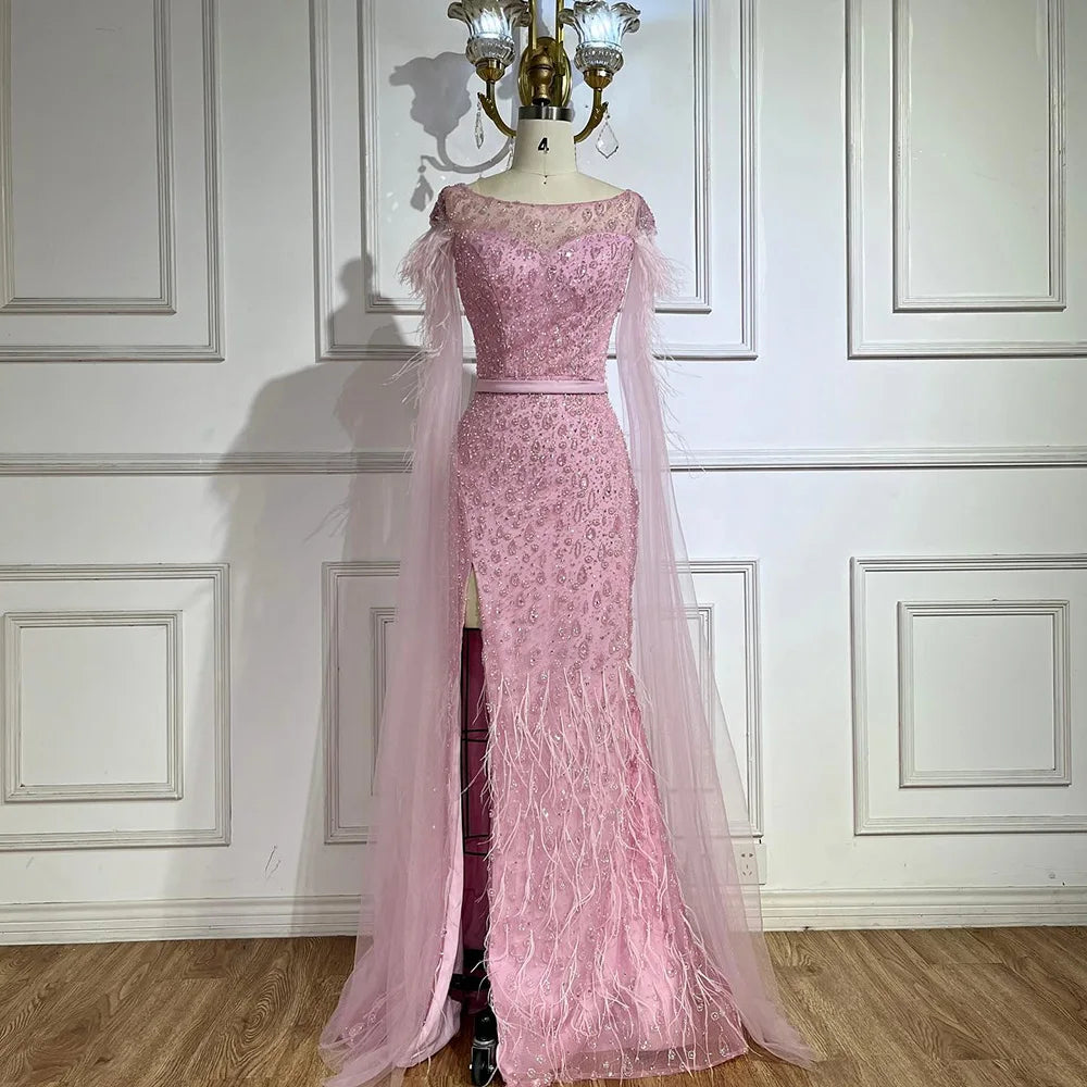 2025 Pink Cape Sleeves Dubai Evening Gown Mermaid with Side Skirt Feathers Beaded Dress for Women's Party LA72701