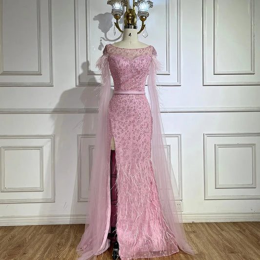 2025 Pink Cape Sleeves Dubai Evening Gown Mermaid with Side Skirt Feathers Beaded Dress for Women's Party LA72701