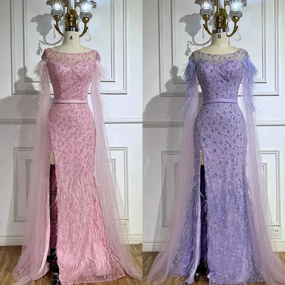 2025 Pink Cape Sleeves Dubai Evening Gown Mermaid with Side Skirt Feathers Beaded Dress for Women's Party LA72701