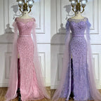 2025 Pink Cape Sleeves Dubai Evening Gown Mermaid with Side Skirt Feathers Beaded Dress for Women's Party LA72701