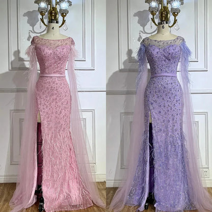 2025 Pink Cape Sleeves Dubai Evening Gown Mermaid with Side Skirt Feathers Beaded Dress for Women's Party LA72701