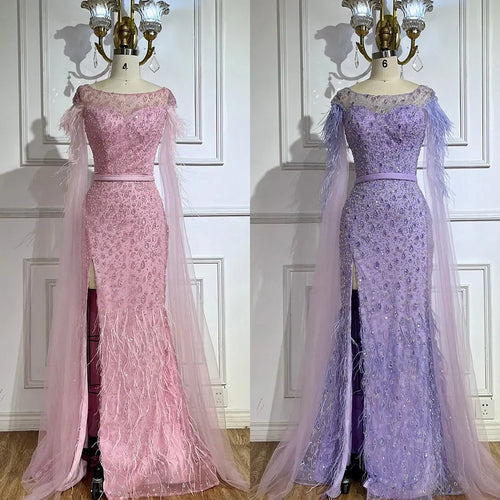 2025 Pink Cape Sleeves Dubai Evening Gown Mermaid with Side Skirt Feathers Beaded Dress for Women's Party LA72701