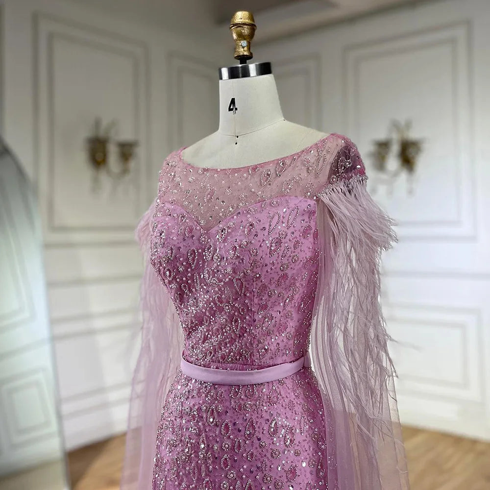 2025 Pink Cape Sleeves Dubai Evening Gown Mermaid with Side Skirt Feathers Beaded Dress for Women's Party LA72701