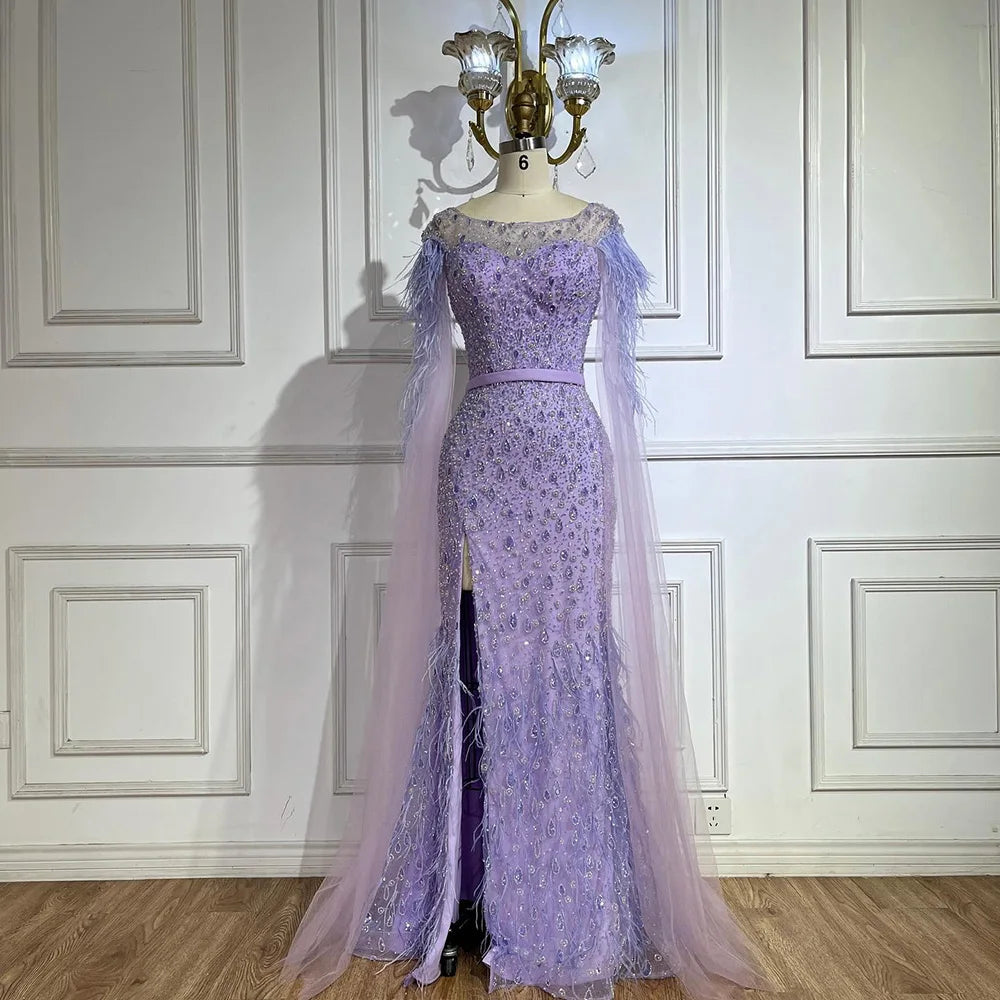 2025 Pink Cape Sleeves Dubai Evening Gown Mermaid with Side Skirt Feathers Beaded Dress for Women's Party LA72701