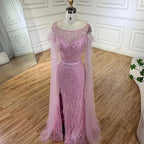 2025 Pink Cape Sleeves Dubai Evening Gown Mermaid with Side Skirt Feathers Beaded Dress for Women's Party LA72701