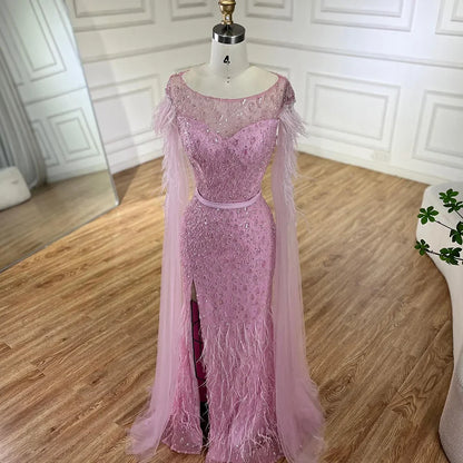2025 Pink Cape Sleeves Dubai Evening Gown Mermaid with Side Skirt Feathers Beaded Dress for Women's Party LA72701