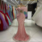 2025 Pink Mermaid Elegant One Shoulder Luxury Beaded Cut Out Evening Dresses Gowns for Women Wedding Party LA72455