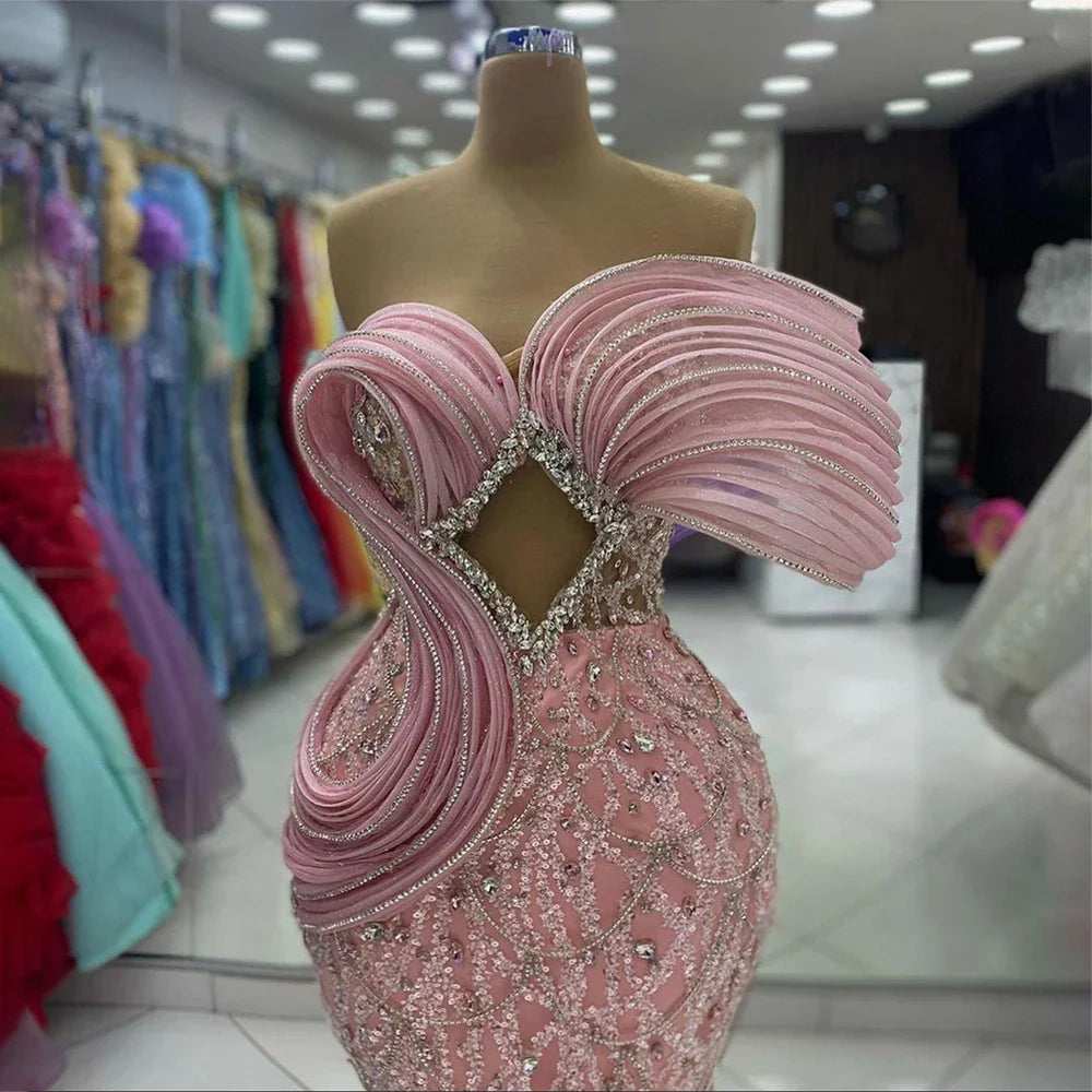2025 Pink Mermaid Elegant One Shoulder Luxury Beaded Cut Out Evening Dresses Gowns for Women Wedding Party LA72455