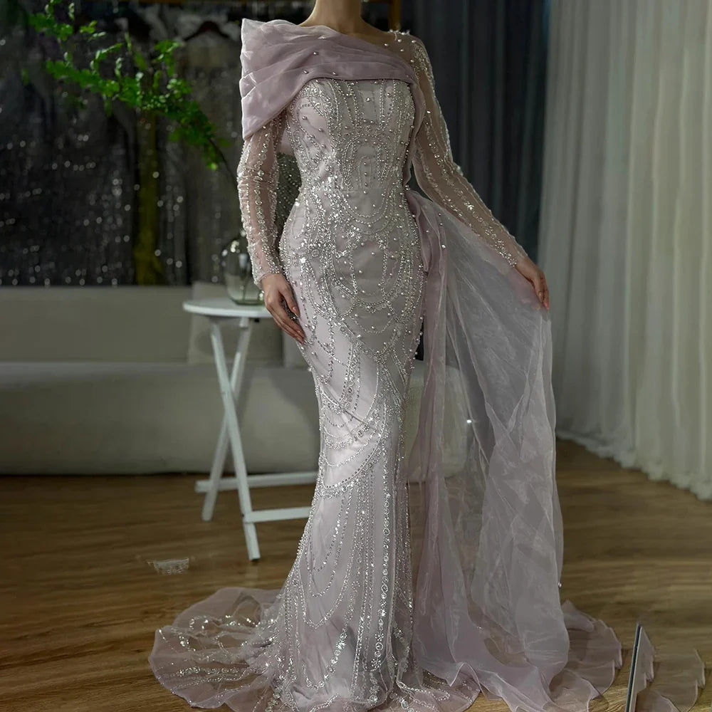 2025 Pink Mermaid Luxury Beaded Pearls Evening Dress with Overskirt Gown for Formal Occasion LA72348A