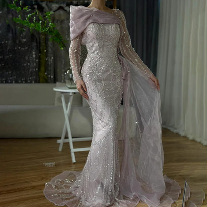 2025 Pink Mermaid Luxury Beaded Pearls Evening Dress with Overskirt Gown for Formal Occasion LA72348A