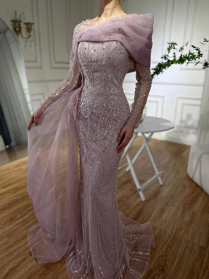 2025 Pink Mermaid Luxury Beaded Pearls Evening Dress with Overskirt Gown for Formal Occasion LA72348A