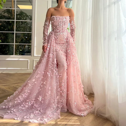 Elegantes 3D-Blumen-Rosa-Luxus-Dubai-Abendkleid mit Überrock LA72641