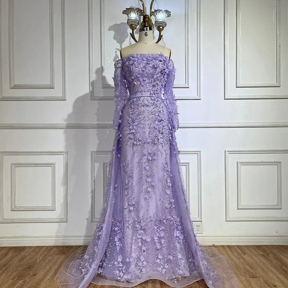 Elegante vestido de noche de lujo con flores 3D en color rosa y sobrefalda LA72641