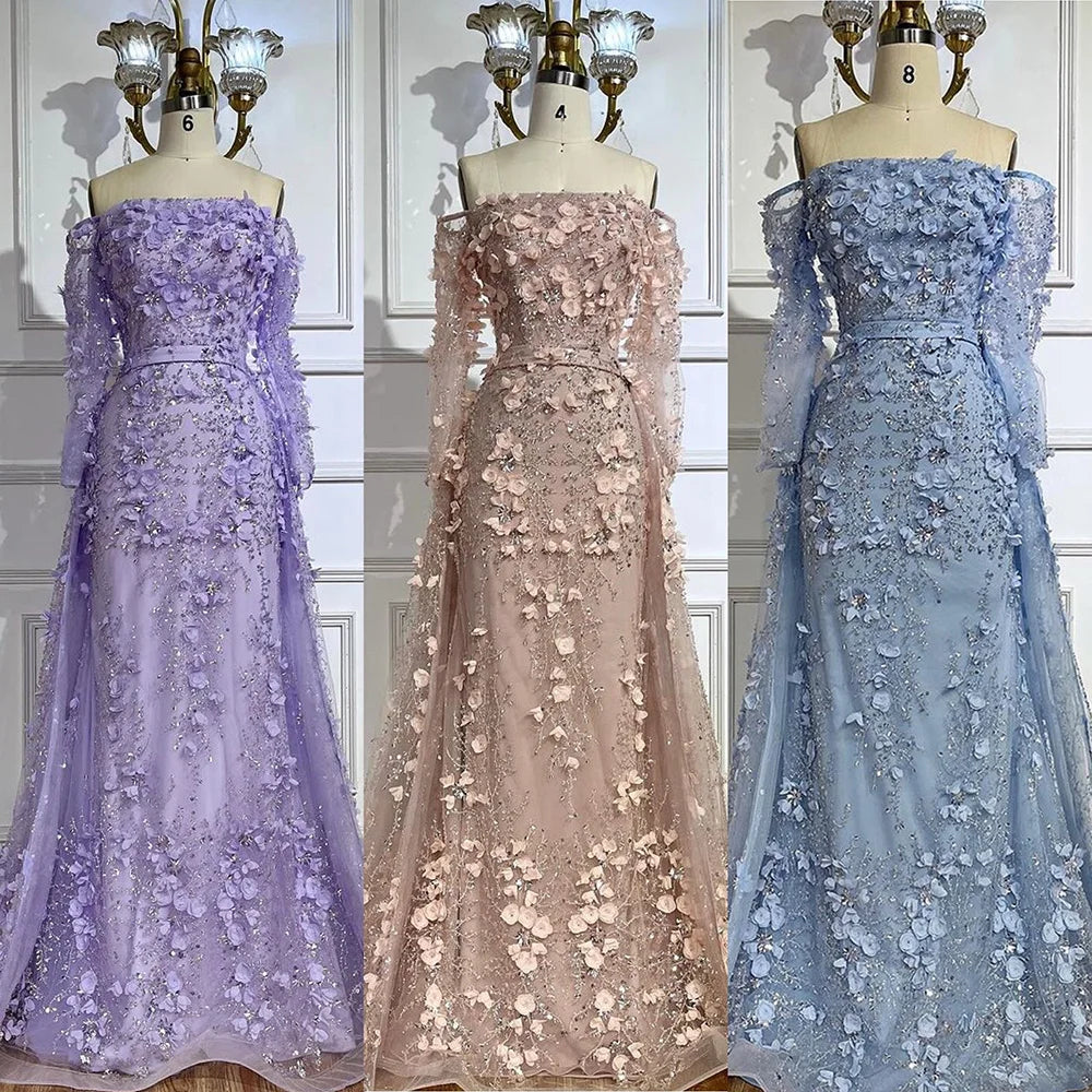 Elegante vestido de noche de lujo con flores 3D en color rosa y sobrefalda LA72641
