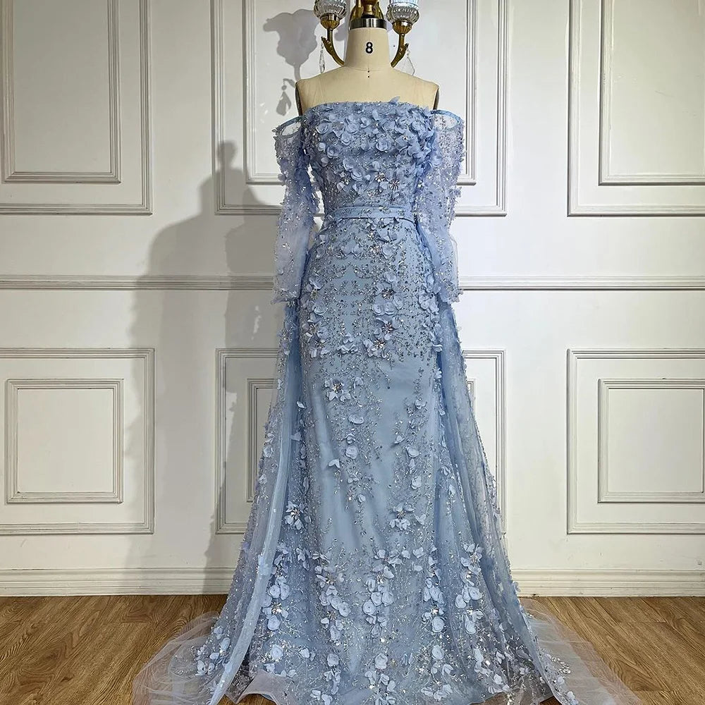 Elegante vestido de noche de lujo con flores 3D en color rosa y sobrefalda LA72641