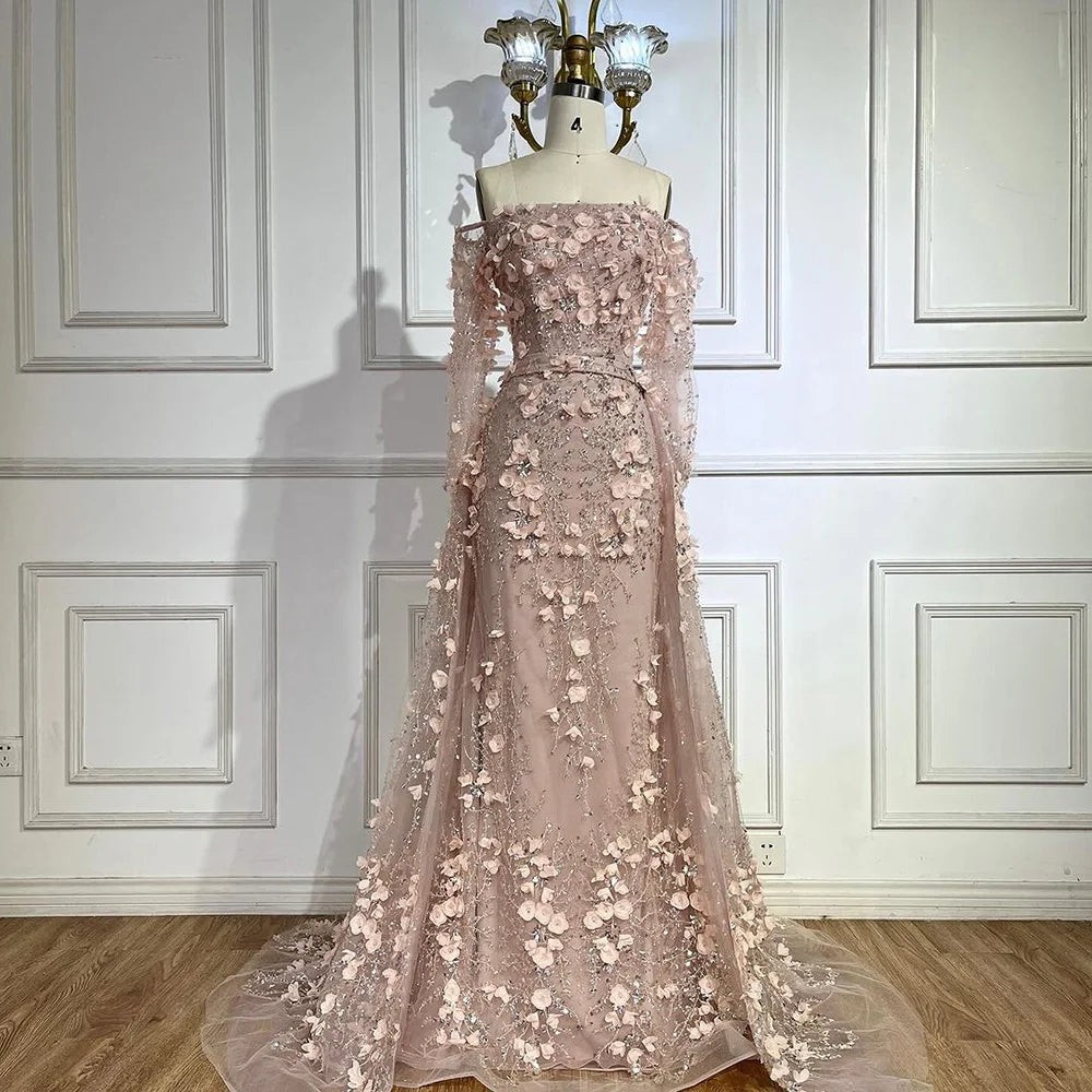 Elegante vestido de noche de lujo con flores 3D en color rosa y sobrefalda LA72641