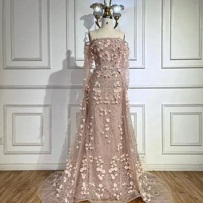 Elegantes 3D-Blumen-Rosa-Luxus-Dubai-Abendkleid mit Überrock LA72641