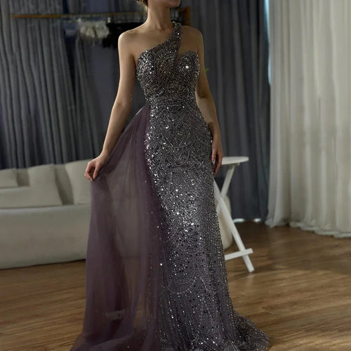 2025 Lilafarbenes Abendkleid aus Saudi-Arabien mit einer Schulter und perlenbesetztem Überrock an der Seite für formelle Anlässe LA72735 