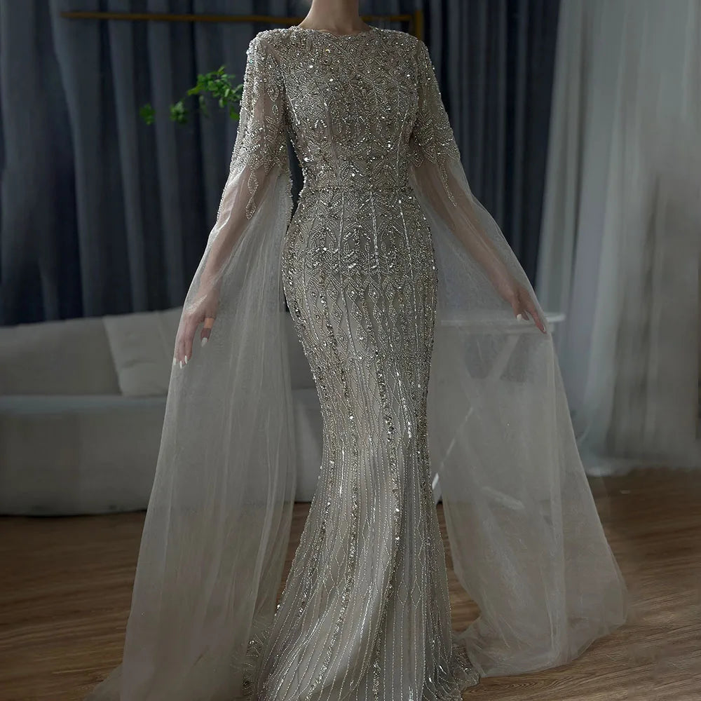 Vestido de noche elegante de sirena color caramelo de Arabia Saudita, con mangas estilo capa y cuentas de lujo para ocasiones formales, LA72775 