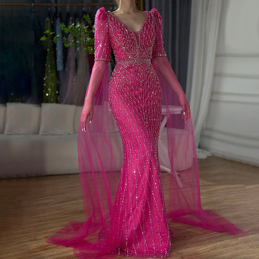 Luxuriöses Abendkleid im Meerjungfrauenstil in Fuchsia für formelle Anlässe LA72774 