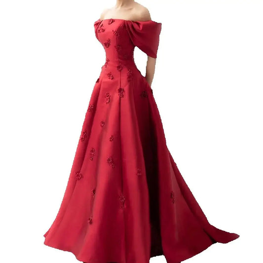 Elegantes schulterfreies rotes Abendkleid mit 3D-Blumen LA72778