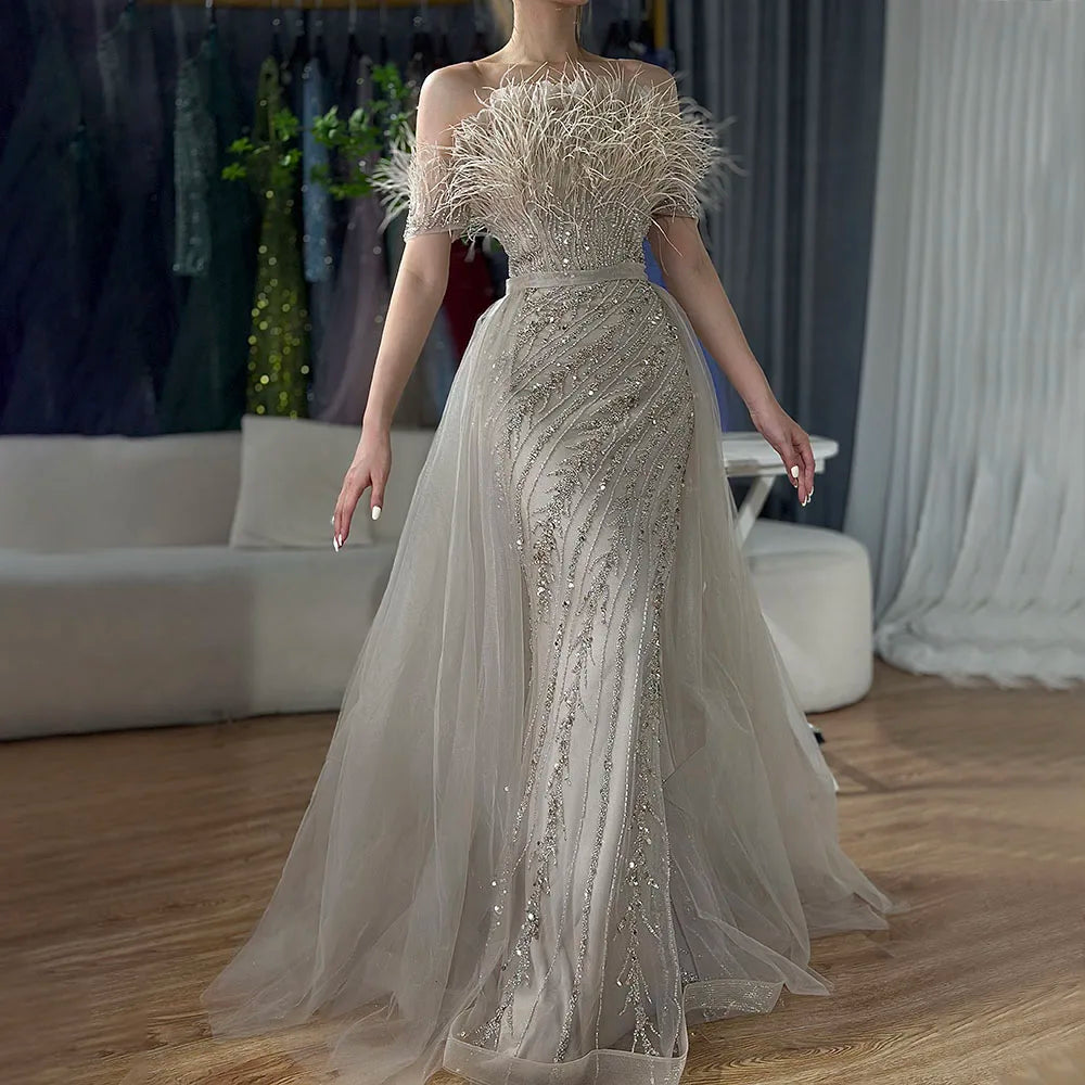 Vestido de noche elegante de sirena color caramelo con cuentas de Arabia Saudita 2025, con sobrefalda para ocasiones formales LA71634A 