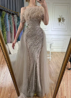 2025 Saudi Arabic Beaded Caramel Mermaid Elegant Evening Dresses Gowns with Overskirt for Formal Occasion LA71634A