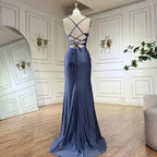 2025 Saudi Arabic Blue Elegant Spaghetti Strap Mermaid Long Evening Gown with Split for Formal Occasion LA72720