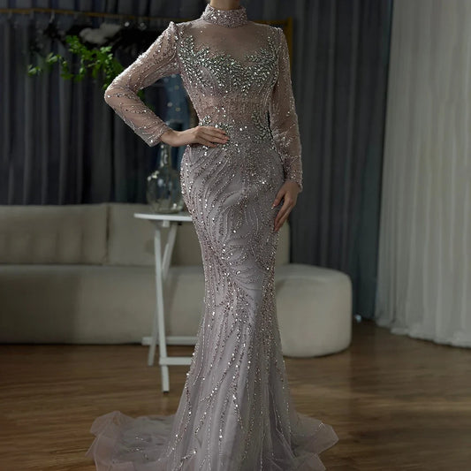 2025 Saudi Arabic Elegant Pink Mermaid Beaded Long Evening Gown for Formal Occasion LA72754