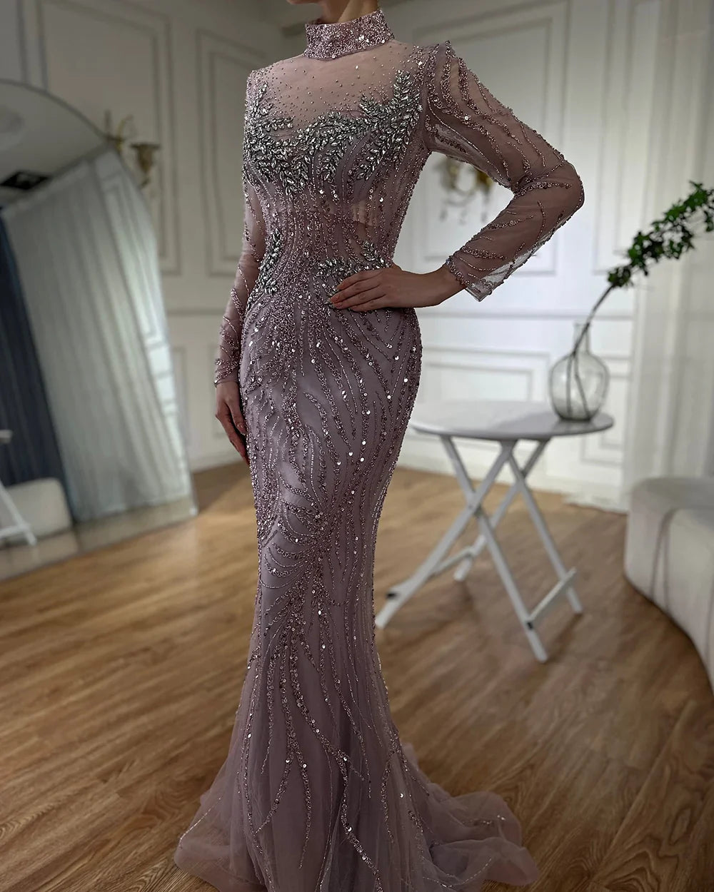 2025 Saudi Arabic Elegant Pink Mermaid Beaded Long Evening Gown for Formal Occasion LA72754