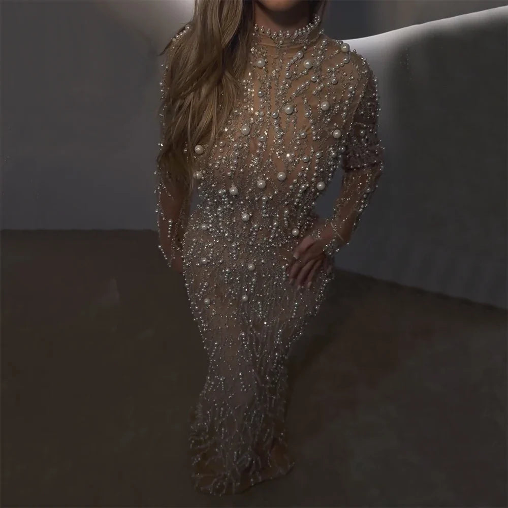 2025 Saudi Arabic Luxury Pearls Beaded Nude Mermaid Evening Gown for Formal Occasion LA72345A
