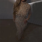 2025 Saudi Arabic Luxury Pearls Beaded Nude Mermaid Evening Gown for Formal Occasion LA72345A