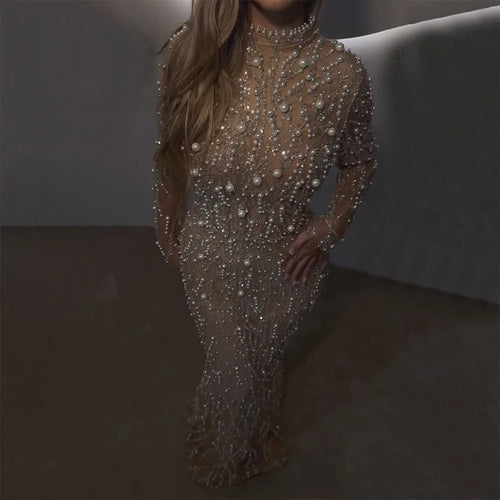 Vestido de noche de sirena color piel con cuentas y perlas de lujo saudí 2025 para ocasiones formales LA72345A 