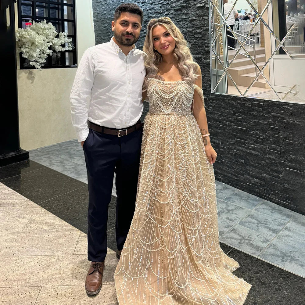 2025 Saudi Arabic Nude Pearls Beaded Design A-Line Evening Dresses Gowns for Formal Occasion LA72738