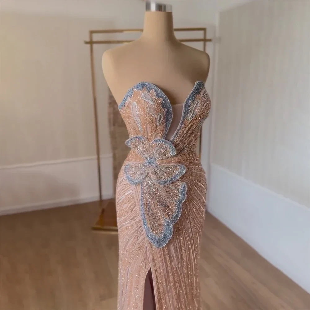 2025 Saudi Arabic Pink Strapless Mermaid Evening Dress with High Split for Formal Occasion LA72480