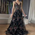 Vestido de fiesta de lujo con tirantes finos, corte A, negro y cuentas, para ocasiones formales, estilo árabe saudí LA72773 