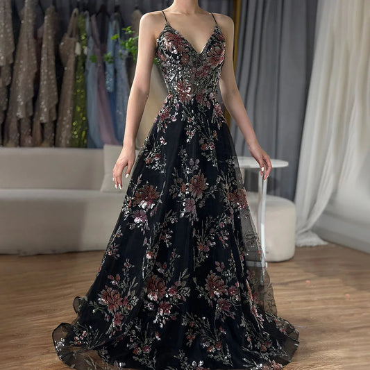 2025 Spaghetti Strap A-Line Black Beaded Luxury Prom Dress for Formal Occasion Saudi Arabic LA72773